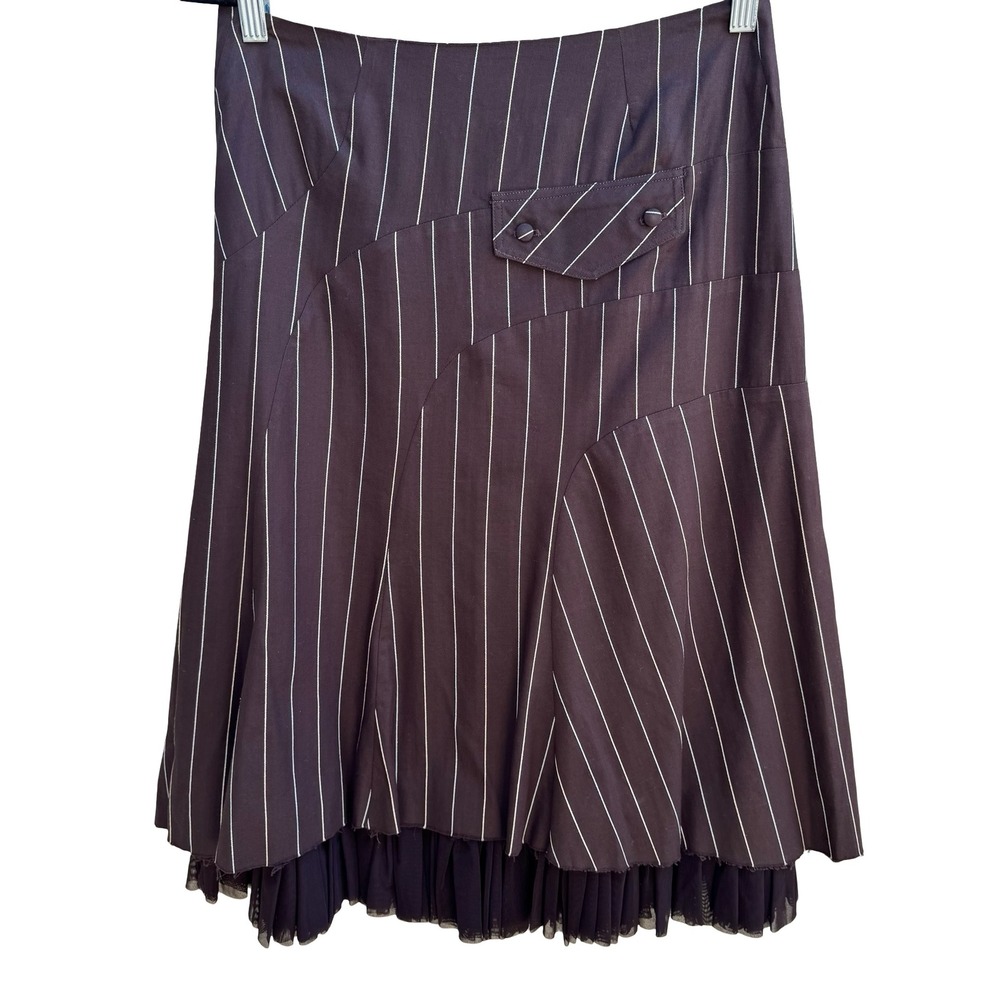 Louis Verdad Y2K Steampunk Tailored Pinstripe Deconstructed Mesh Hem Midi Skirt